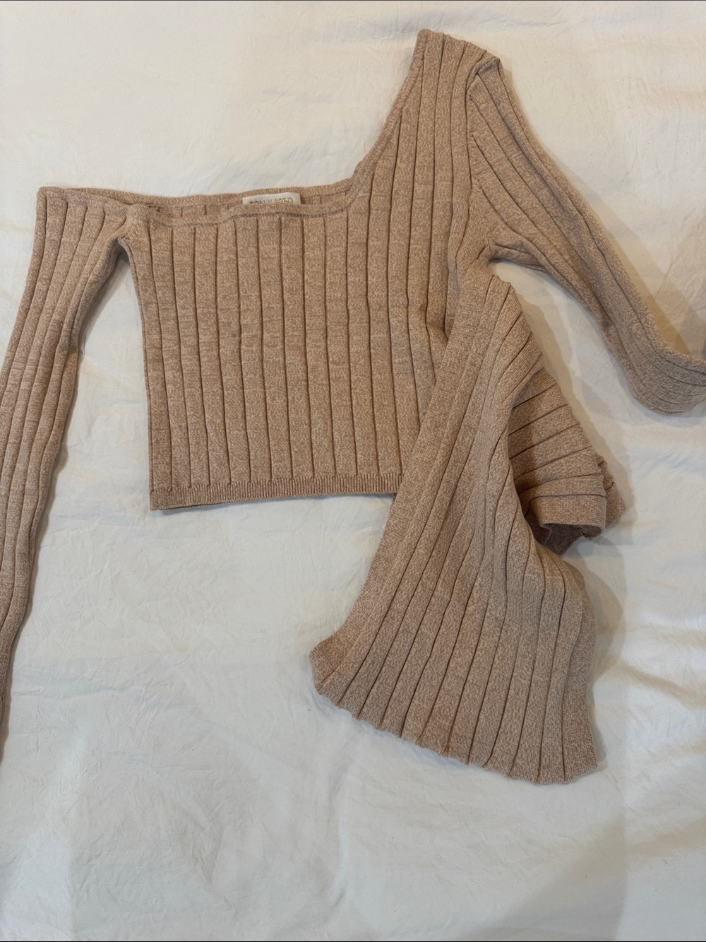 Ronny Kobo Rosette Oatmeal Asymmetrical Wrap Ribbed Knit Crop Top Neutral Date - Picture 10 of 13